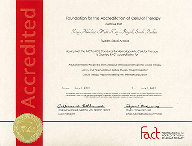 اعتماد الجودة من المنظمة العالمية FACT (Foundation for The Accreditation of Cellular Therapy)