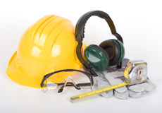 Safety helmet, headphones, gloves and glasses