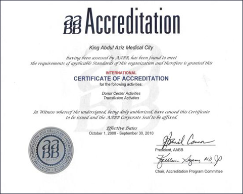 American Association of Blood Banks Re-accreditation certificate (2008 – 2010)