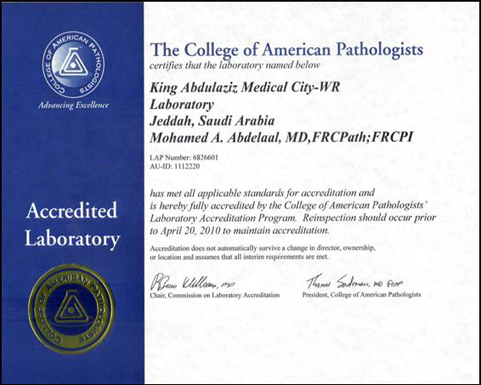 College of American Pathologists Re-accreditation Certificate (2008-2010)